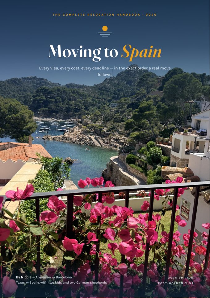 Moving to Spain — The Complete 2026 Guide. Cover photo: a Costa Brava cove with bougainvillea, seen from a balcony.