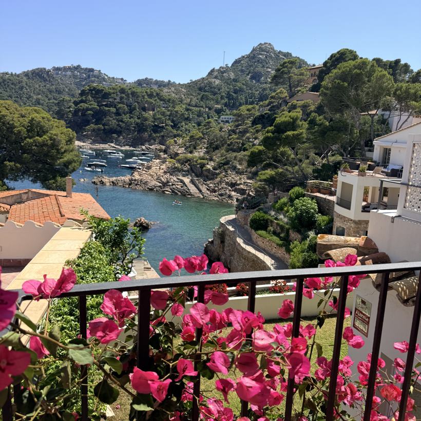 The cove from the balcony — teal water, boats, and pink bougainvillea